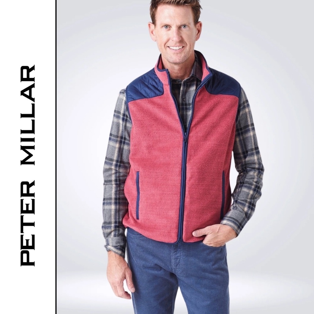 NEW* PETER MILLAR Crown Men's Micro Shearling Fleece Coral/Red Blue Vest Size L